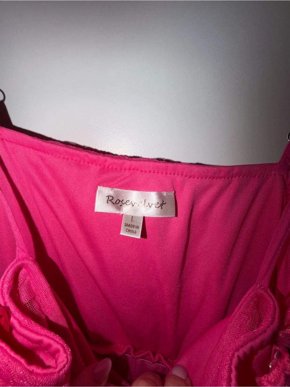 Women’s Rose velvet hot pink Mini Dress with Layered Ruffle Skirt. Size L. EUC